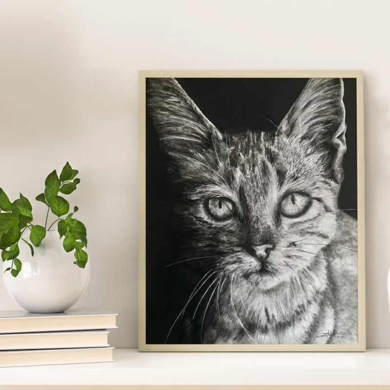 Un cadre décoratif et une plante verte sont posés sur une étagère en bois. Le cadre contient un portrait réaliste en noir et blanc. Il s'agit d'un chat, en plan rapproché. Le chat fixe le spectateur du cadre.