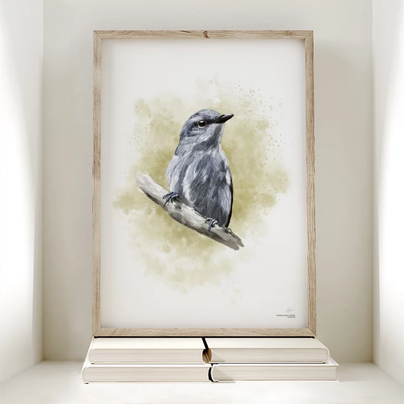 Illustration d'un oiseau encadrée dans un cadre en bois naturel et posée sur quatre livres blancs. L'oiseau est bleu-violet et est accroché à une branche. L'arrière-plan est vert pomme, façon tâches d'aquarelle.