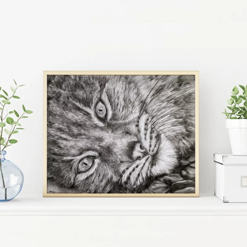 Un cadre décoratif et une plante verte sont posés sur une étagère en bois. Le cadre contient un portrait réaliste en noir et blanc. Il s'agit d'un lynx, en plan rapproché. Le lynx fixe le spectateur du cadre.