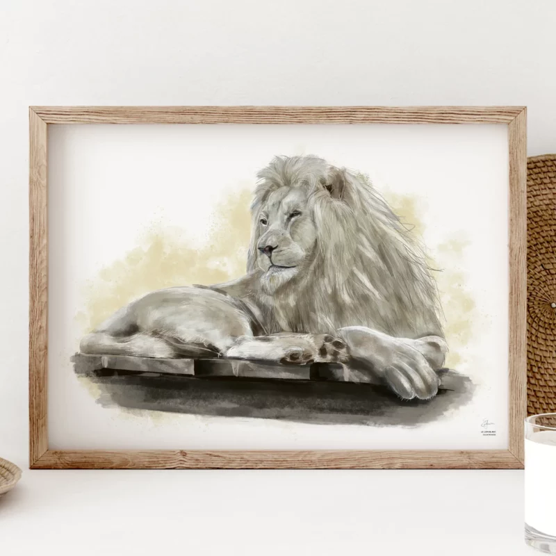 Illustration en couleur d'un Lion Blanc, encadré dans un cadre en bois, posé sur un meuble à l'horizontale. L'animal sacré et divin est couché confortablement, sur une plateforme en bois et regarde vers l'horizon.
